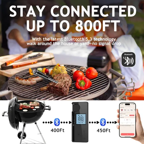 Vista 2 de Termómetro digital inalámbrico para carne con rango de 800 pies, termómetro Bluetooth 5.3 para alimentos con sonda de doble temperatura, pantalla
