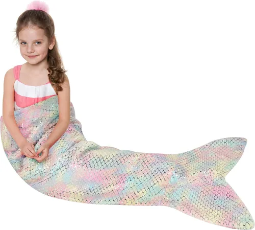 Vista 13 de Catalonia Manta de cola de sirena para niñas, saco de dormir de sirena que brilla en la oscuridad para niños de 3 a 14 años, regalo de sirena