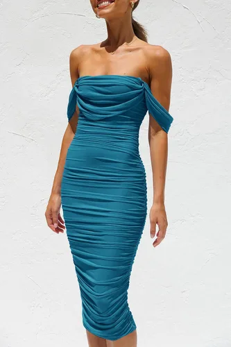 Vista 4 de PRETTYGARDEN Vestido de verano para mujer, con hombros descubiertos, fruncido, entallado, sin mangas, ajustado, para fiesta, club, por debajo