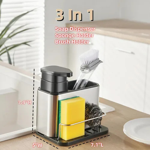 Vista 4 de LIBODOUR Dispensador de jabón para fregadero de cocina y baño, soporte de esponja 3 en 1 para cocina, organizador de dispensador de jabón