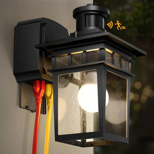 Vista 12 de Luces de Porche Exteriores con Sensor de Movimiento con Toma GFCI, 3 Modos de Luminaria Exterior del Anochecer al Amanecer, Luminaria de Iluminación