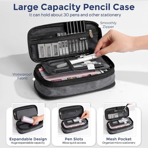 Vista 3 de Nicpro Juego de 50 artículos escolares con estuche para lápices, 6 bolígrafos de gel y recargas, 12 resaltadores, 6 lápices mecánicos artísticos, 12