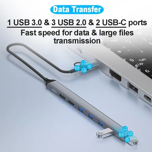 Vista 6 de Concentrador USB multipuerto USB-C, multipuerto de aleación de aluminio con 5 puertos USB, 2 puertos USB-C, para MacBook Pro Air, para iPad Pro