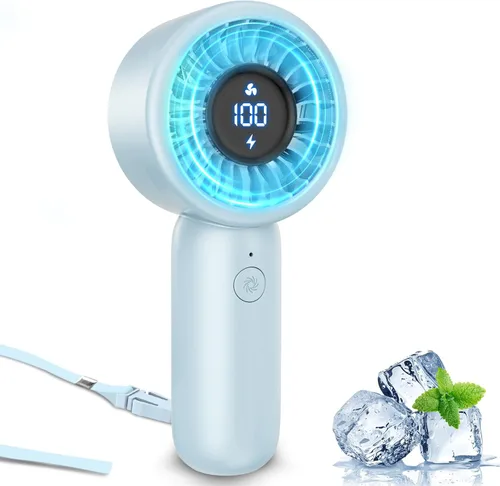 Vista 13 de Ventilador de mano portátil, pequeño ventilador de mano turbo personal, potente, refrescante, cordón, recargable por USB, 5 velocidades, maquillaje