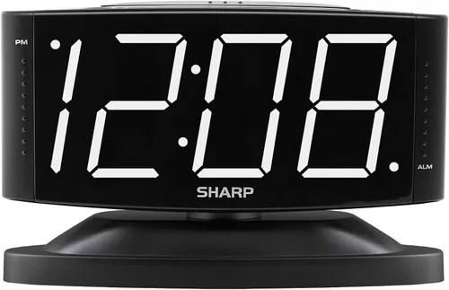 Vista 9 de Sharp Reloj despertador digital con base giratoria, LED verde, atenuador Led verde - caja plateada