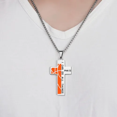Vista 5 de Susook Basketball Cross Necklace for Boys Bible Verse I CAN DO All Things Stainless Steel Sport Pendant for Men