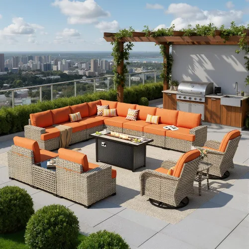 Vista 35 de HOOOWOOO Juego de muebles seccionales de patio con mesa de luz solar, 6 piezas de mimbre para exteriores, sofá en forma de L, juego de conversación