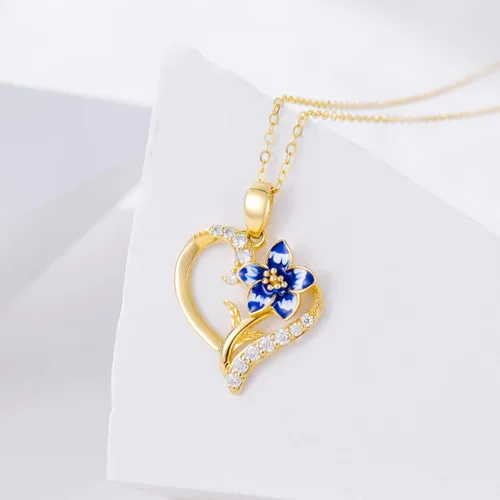 Vista 3 de Collar de flor de nacimiento de oro real de 14 quilates para mujer, oro amarillo creado moissanita con colgante de corazón, collares