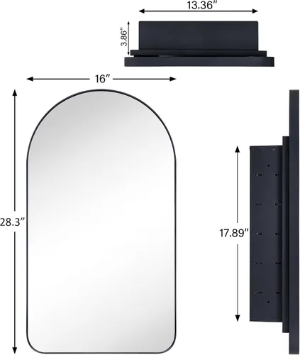 Vista 7 de Botiquín de baño empotrado en arco dorado cepillado con espejo de acero inoxidable con marco de metal rectangular con espejo de 16 x 28.3 pulgadas