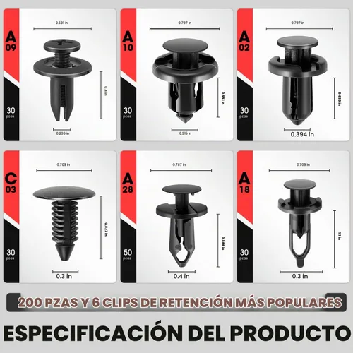 Vista 2 de DNA Motoring 200 piezas Clips de Retención de Empuje para Automóvil Clips de Parachoques, Tamaños Universales Clips de Panel de Empuje de Plástico