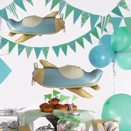 Vista 7 de Globos de avión de combate azul de 32 pulgadas, diseño de dibujos animados, fiesta voladora, cumpleaños, decoración de aviones