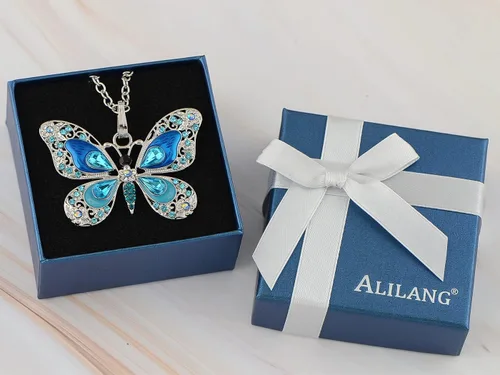 Vista 6 de Alilang Collar con colgante de mariposa de diamantes de imitación de cristal pintado con esmalte brillante