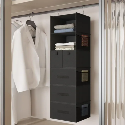 Vista 4 de Organizador de armario colgante de 6 estantes con 5 cajones, almacenamiento no tejido, negro Spacious compartments sort clothes & undergarments