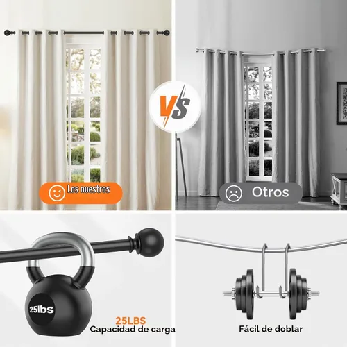 Vista 5 de Barras de cortina negras para ventanas de 28 a 48 pulgadas, 5/8" de diámetro, barra de cortina metálica resistente ajustable pequeña con soporte