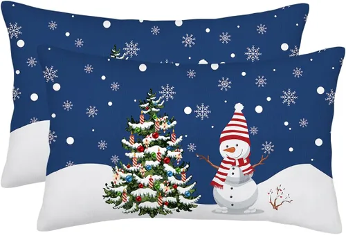 Vista 19 de Fundas de Almohada de Navidad Azul Marino 16x16 Juego de 2 Estilo Granja Muñeco de Nieve Copo de Nieve Árbol de Navidad Fundas de Almohada