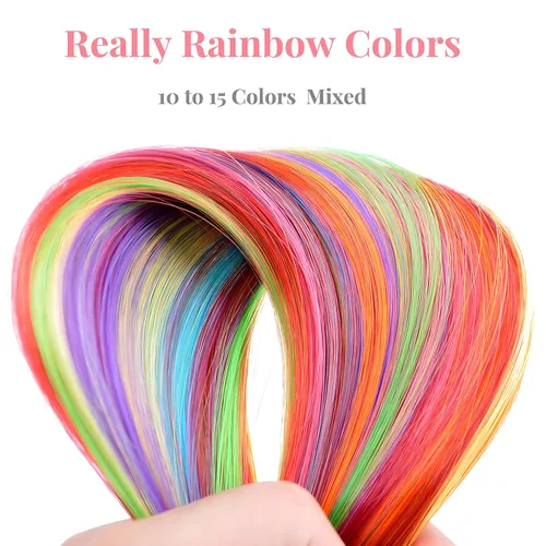 Vista 4 de Extensiones de cabello arcoíris, 100 unidades de rayas de cabello de colores para niñas y mujeres, extensiones sintéticas rectas de 20 pulgadas