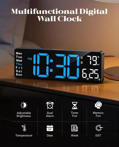 Vista 3 de Digital Clock Large Display, 13" Large Wall Clock for Classroom Big Led Wall Clocks with Remote Control,Date,Week,Alarm,Temp&DST for