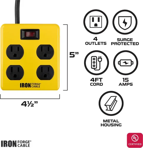 Vista 2 de IRON FORGE CABLE Regleta de alimentación de 4 salidas con protector contra sobretensiones de alta resistencia con disyuntor integrado, cable SJT