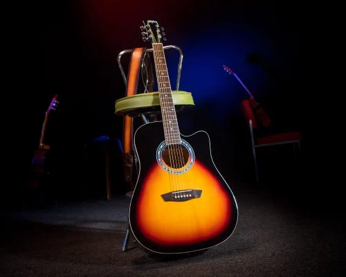 Vista 13 de Washburn Vintage Series - Guitarra acústica-eléctrica de 6 cuerdas, derecha Resplandor solar del tabaco