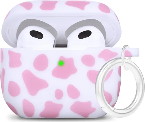 Vista 34 de LitoDream - Funda de silicona suave y flexible con llavero para Apple AirPods 2 y 1, para niñas (vaca; blanco con cactus)