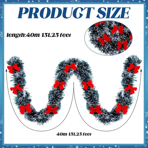 Vista 3 de Riceshoot Guirnalda de oropel de Navidad de 131.23 pies con lazo rojo metálico brillante colgante guirnalda para fiesta de Navidad, árbol, escalera