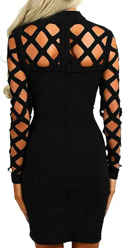 Vista 2 de AMiERY Vestido de manga larga para mujer, vestido ajustado de vendaje para discoteca, Negro