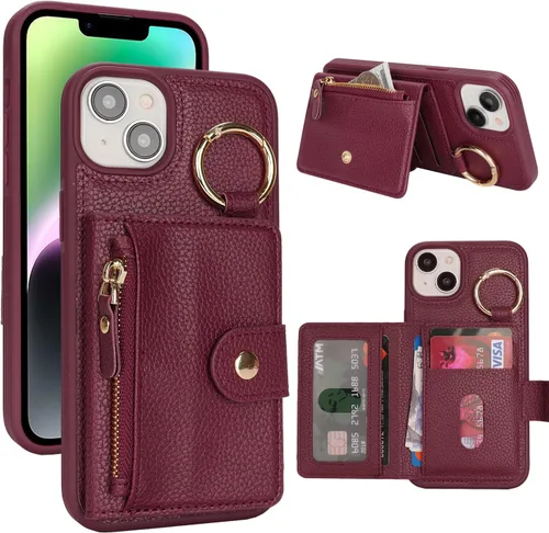 Vista 70 de Funda para iPhone 14 Plus con tarjetero, color negro Funda con cremallera y ranura para mujer y hombre