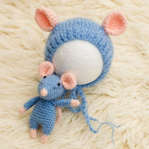 Vista 4 de Vemonllas Accesorios de fotografía para recién nacidos, trajes para niños y niñas, accesorios de punto para fotos de bebé, sombrero de ratón