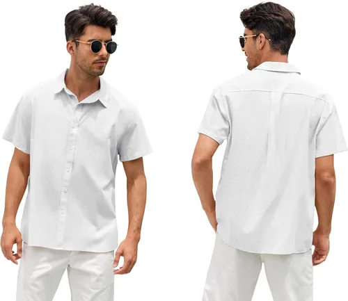 Vista 4 de Camisa casual de lino con botones de manga corta para hombre, para verano, playa, algodón con cuello de lanza