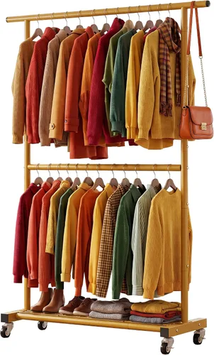 Vista 14 de Sywhitta Perchero de ropa de doble barra, organizador de ropa con ruedas para colgar ropa, fácil de montar, ajustable, negro (paquete de 2)