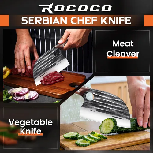 Vista 2 de ROCOCO Cuchillo de Chef Serbio Cuchillo Carnicero Cuchilla con Funda para Cocina Exterior BBQ Camping Regalo de Cumpleaños Padre Madre Navidad