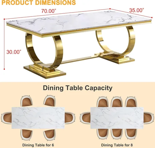 Vista 9 de Juego de mesa de comedor moderno de mármol para 6, sillas de mesa de cocina, juego de 7 piezas con mesa de comedor de imitación de mármol blanco