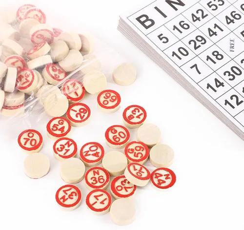 Vista 4 de Juego de Bingo Clásico, Juego de Bingo de Madera Incluye 40 Tarjetas de Números de Bingo y 75 Piezas de Ajedrez, Juego de Azar para Niños, Adultos