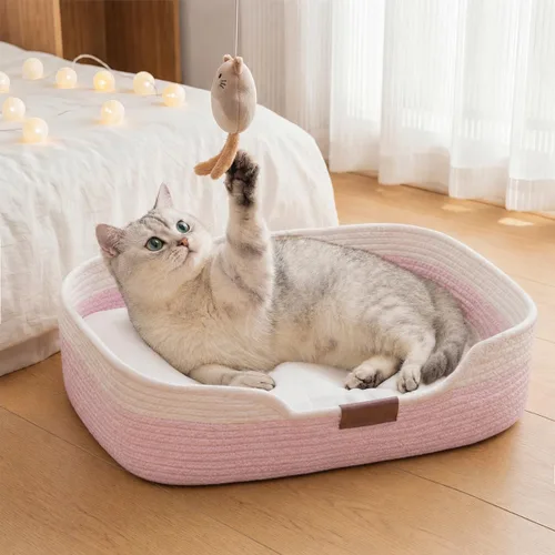 Vista 8 de YOUDENOVA Stimulicat - Cama tejida a mano para gatos con cojín Marrón y blanco