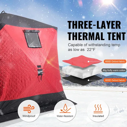 Vista 3 de VEVOR Portable Pop-Up Tent, 1-8 Person Insulated Shelter, Large Fishing Area, Hub-Style Shanty for Winter Fishing, Waterproof Oxford Ice Cube with
