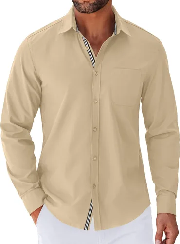 Vista 19 de COOFANDY Camisa para hombre de manga larga casual con botones, camisas sin doblar para hombre de ajuste regular