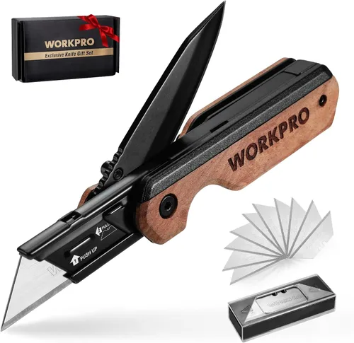 Vista 12 de WORKPRO Cuchillo plegable 2 en 1, cortador de caja de cambio rápido con clip para cinturón, bloqueo de revestimiento y mango G10, 10 cuchillas SK5