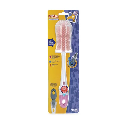 Vista 5 de Nuby Botella de cerdas de silicona suave antiarañazos y cepillo para pezones con mango en bucle, aguamarina