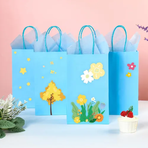 Vista 4 de DjinnGlory Paquete de 24 pequeñas bolsas de regalo de papel azul con asas de 9 x 5.5 x 3.15 pulgadas y 24 papel de regalo de seda para negocios