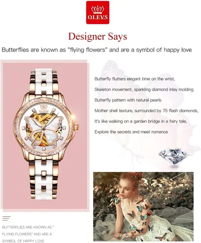 Vista 4 de OLEVS Relojes automáticos de oro rosa para mujer diseño de esqueleto mecánico de cuerda automática elegante vestido de lujo para mujer con diamantes