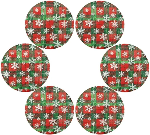 Vista 3 de Manteles individuales redondos de tela con patrón de copos de nieve blancos con patrón de cuadros rojos y verdes de Feliz Navidad, 15 x 15 pulgadas