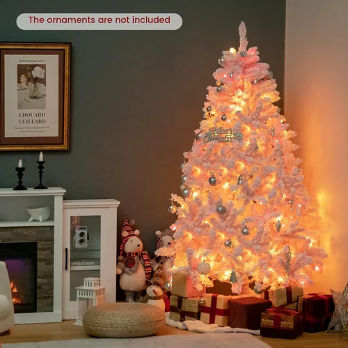 Vista 2 de Goplus Árbol de Navidad artificial preiluminado rosa de 6 pies, árbol de Navidad artificial con bisagras con nieve artificial con 808 puntas