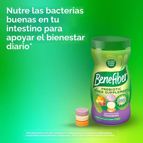 Vista 10 de Benefiber Tabletas masticables de suplemento de fibra prebiótica para la salud digestiva, sabores surtidos de frutas, 100