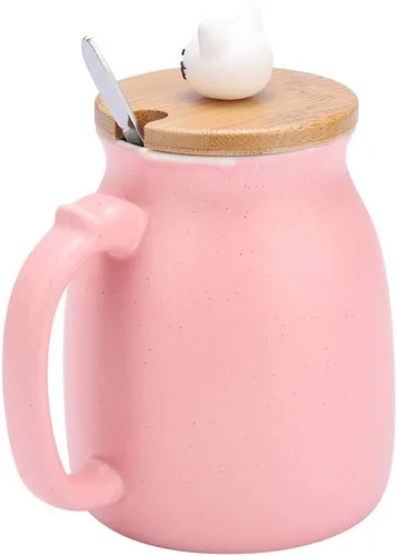 Vista 7 de TOPINCN Taza de cerámica con diseño de gato lindo con cuchara y tapa de madera, taza de té y agua para leche para oficina en casa (12.8 fl oz)