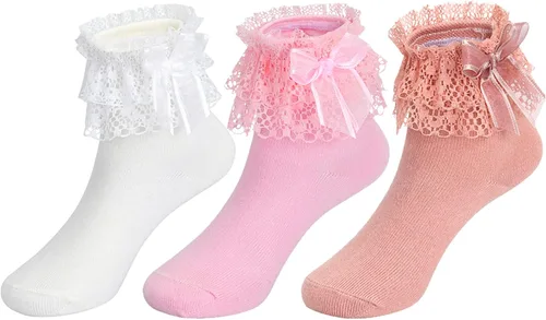 Vista 2 de Calcetines con volantes para niñas pequeñas, calcetines de encaje con lazo, 6 pares