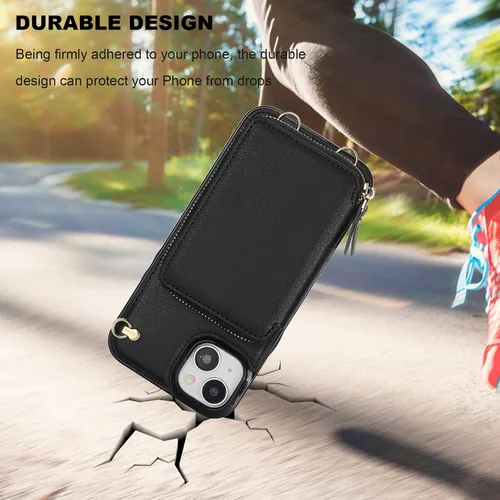 Vista 8 de Bocasal Funda tipo cartera cruzada para iPhone 15 Plus, funda de piel con bloqueo RFID y soporte para tarjetas, funda protectora con cremallera