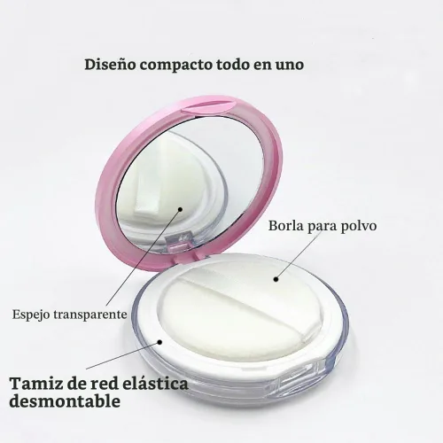 Vista 2 de Contenedor compacto de plástico vacío con espejo de terciopelo y tamiz de red elástica, caja de polvo reutilizable vacía, estuche portátil de polvo