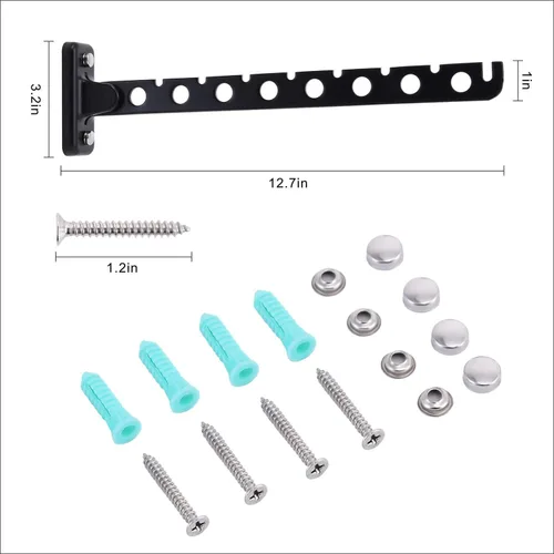 Vista 6 de Percha de ropa para montar en la pared, paquete de 2 perchas plegables negras para ropa sucia con brazo oscilante, organizador de almacenamiento