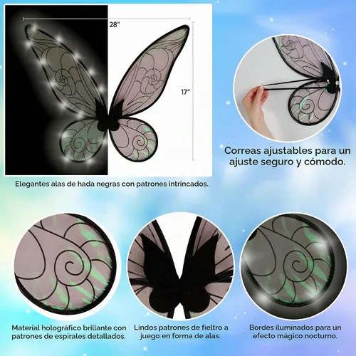Vista 2 de Disfraz de hada Funcredible para mujeres y niñas - Alas de hada con luz y corona de flores, brillo - Alas de mariposa Negro