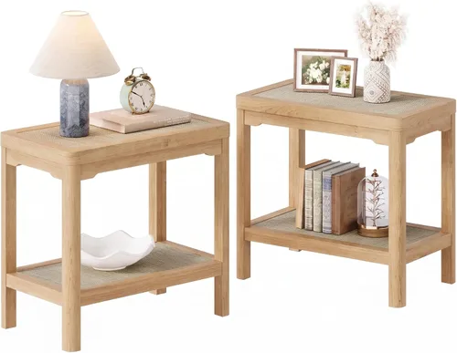 Vista 10 de Eclatara Mesitas de noche de ratán, mesa auxiliar de 2 niveles para dormitorio, mesa auxiliar de polígono decorativa para espacios pequeños, mesa